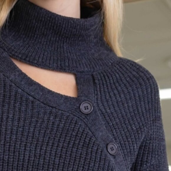 Dark Gray Turtle Neck Button detail Long Sleeve Sweater - Picture 6 of 6
